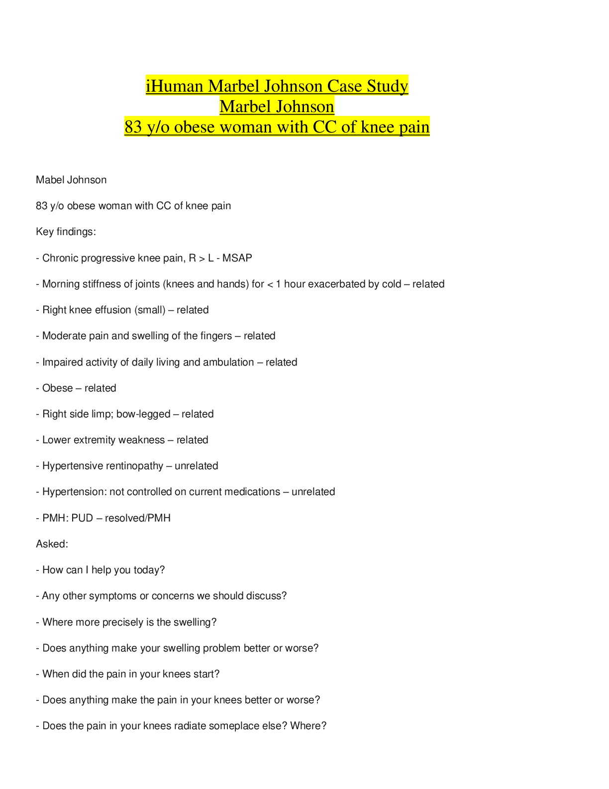 Preview image for iHuman Marbel Johnson Case Study Marbel Johnson 83 y/o obese woman with CC of knee pain